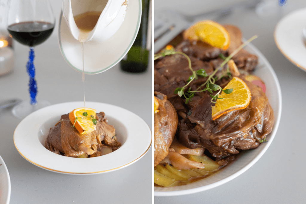 Confit de Canard tarjoiltuna lautaselle.